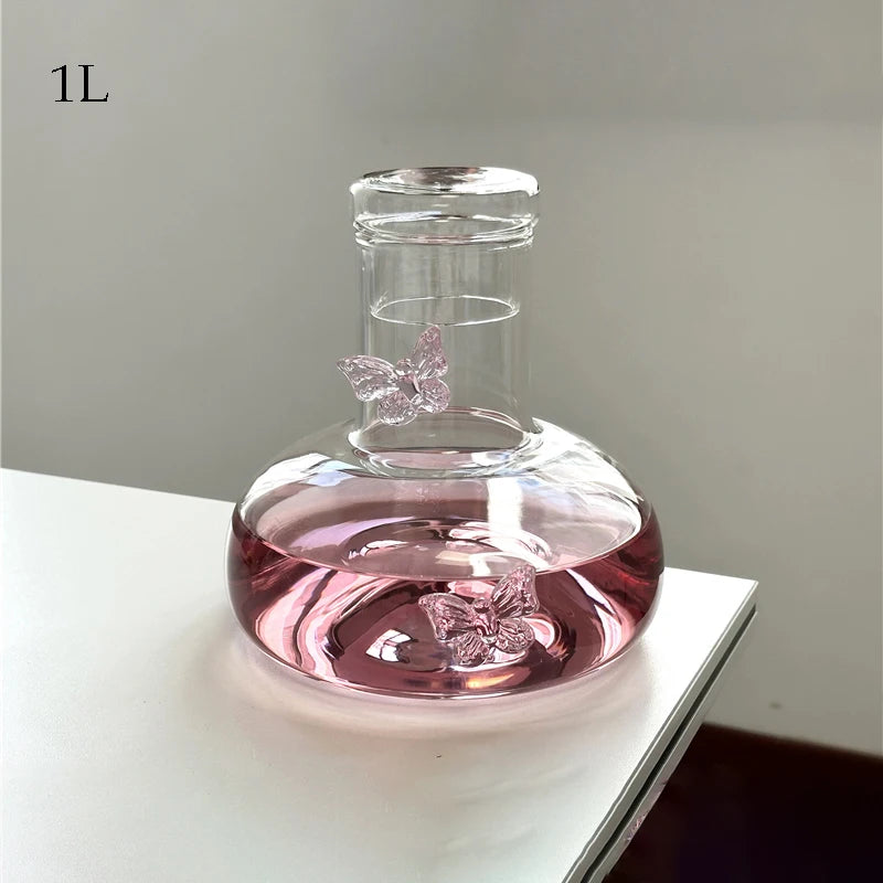 Glass Decanter and Glasses with Pink Butterfly Decor