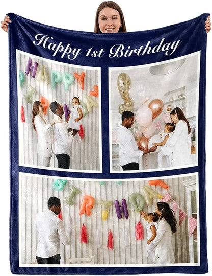 Custom Blanket with Words Picture Collage Customized Blankets,Birthday Souvenir Gifts Personalized Throw Blanket for Father, Mom