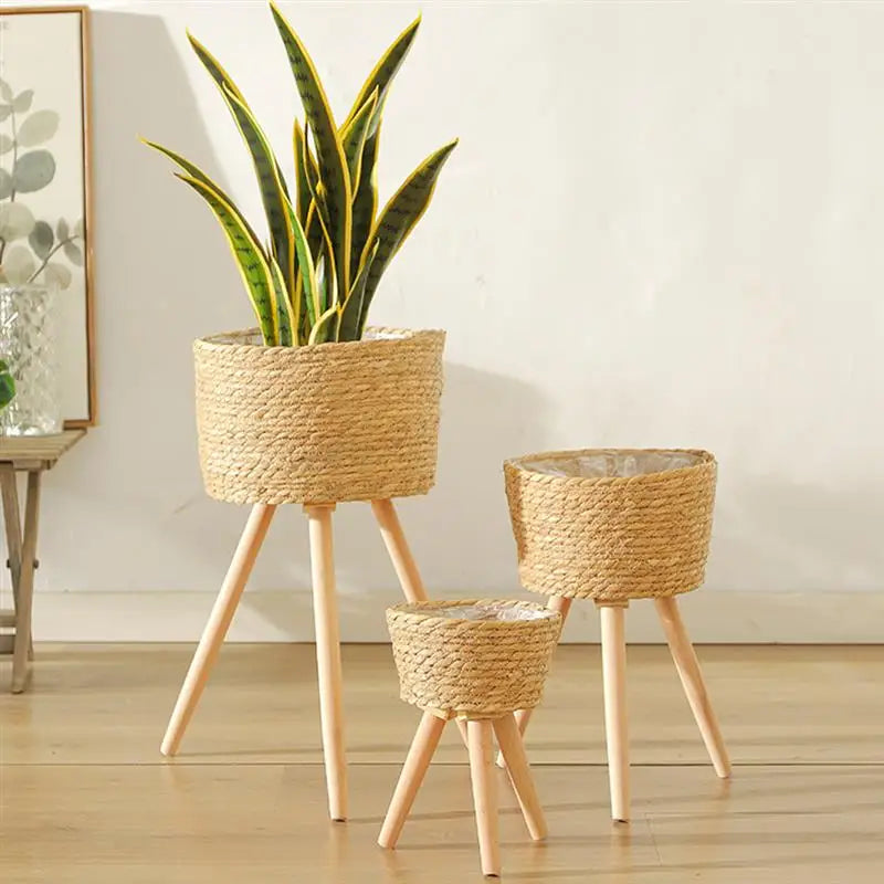 Wood Woven Plant Pot With Standing Legs