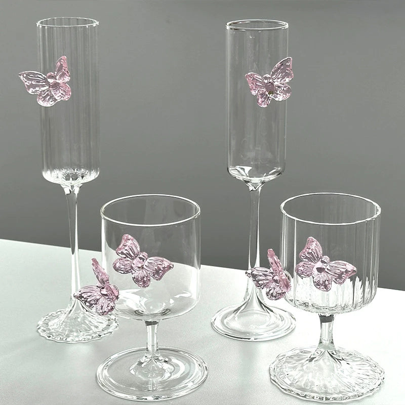 Glass Decanter and Glasses with Pink Butterfly Decor