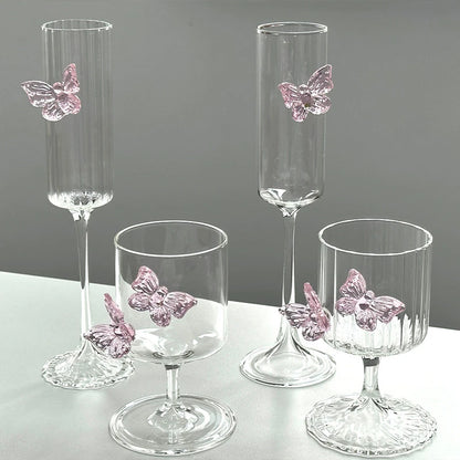 Glass Decanter and Glasses with Pink Butterfly Decor
