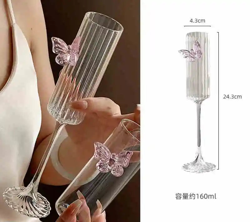 Glass Decanter and Glasses with Pink Butterfly Decor