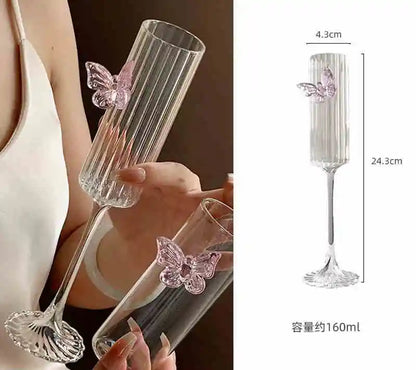 Glass Decanter and Glasses with Pink Butterfly Decor