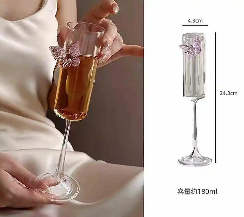 Glass Decanter and Glasses with Pink Butterfly Decor
