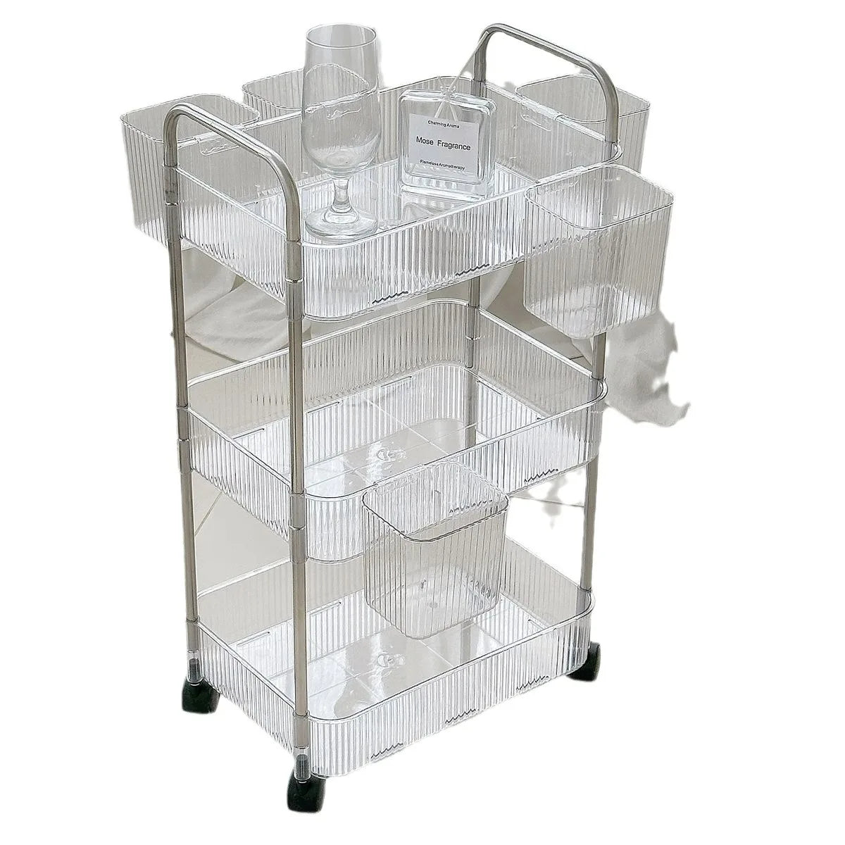Transparent acrylic storage rack with casters