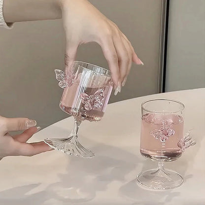 Glass Decanter and Glasses with Pink Butterfly Decor