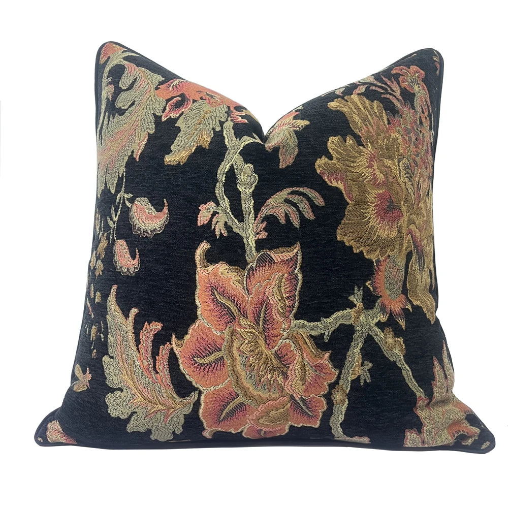 Vintage European Style Floral Soft Chenille Decorative Black Pillow Cover