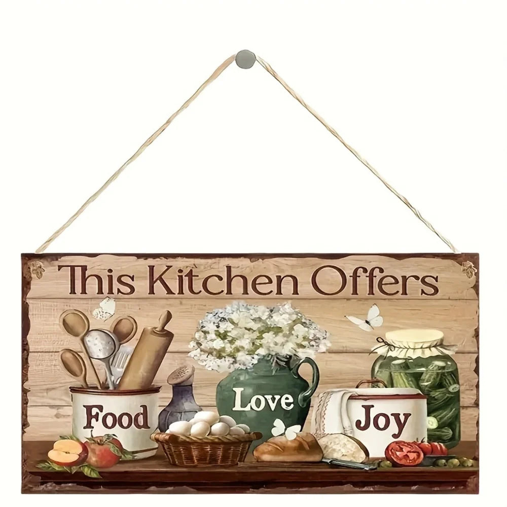 Rustic Wooden Kitchen Wall Decor Sign - "This Kitchen Offers Food Love Joy"