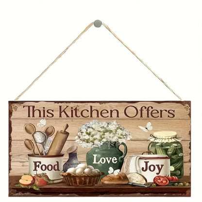 Rustic Wooden Kitchen Wall Decor Sign - "This Kitchen Offers Food Love Joy"