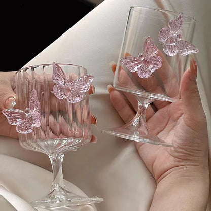 Glass Decanter and Glasses with Pink Butterfly Decor