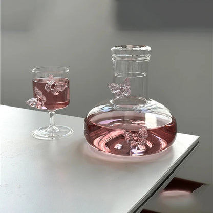 Glass Decanter and Glasses with Pink Butterfly Decor