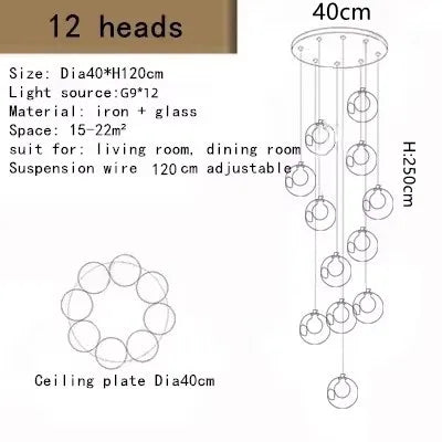Modern Glass Ball Chandelier Indoor Lighting Fixtures for Living Room Hotel Lobby Bedroom Staircase - Home Decorative Light