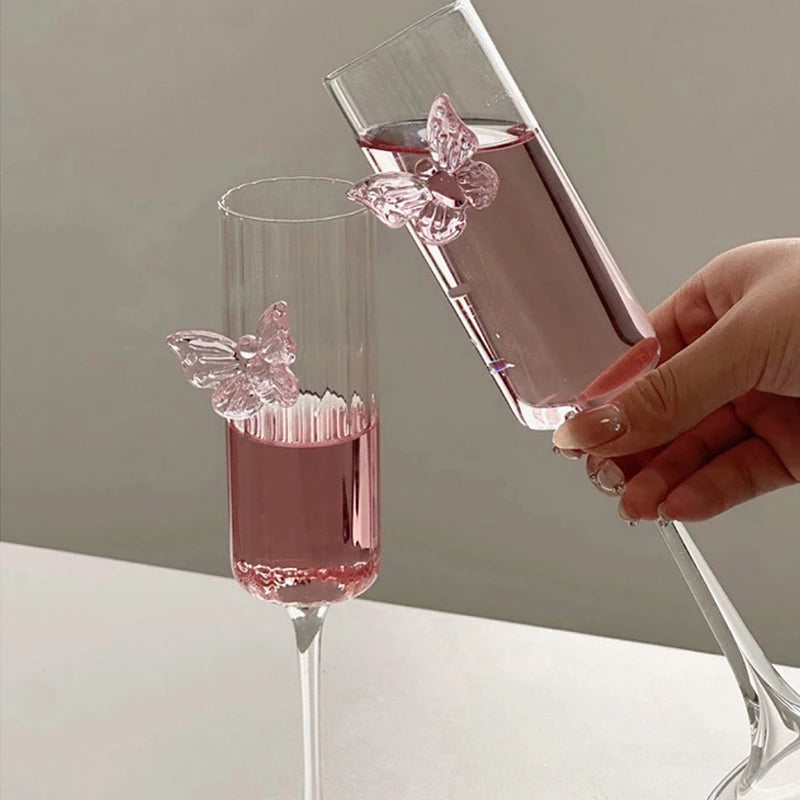 Glass Decanter and Glasses with Pink Butterfly Decor