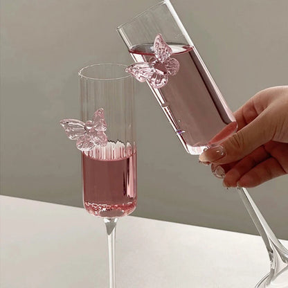 Glass Decanter and Glasses with Pink Butterfly Decor